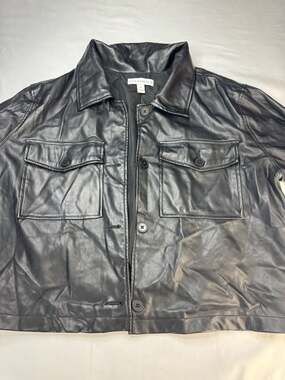 AND NOW THIS Faux Leather Snap-Front Utility Shacket Black XL